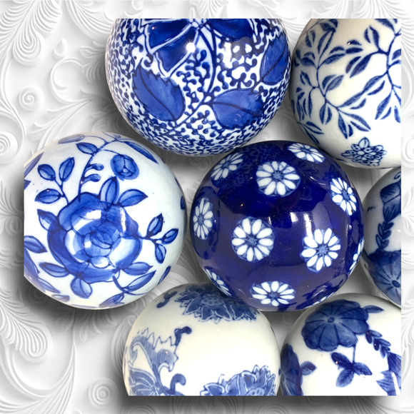 Vintage Y2K Lot 12 x Pier 1 Blue White Chinoiserie Ceramic Carpet Balls Orbs - Picture 3 of 6